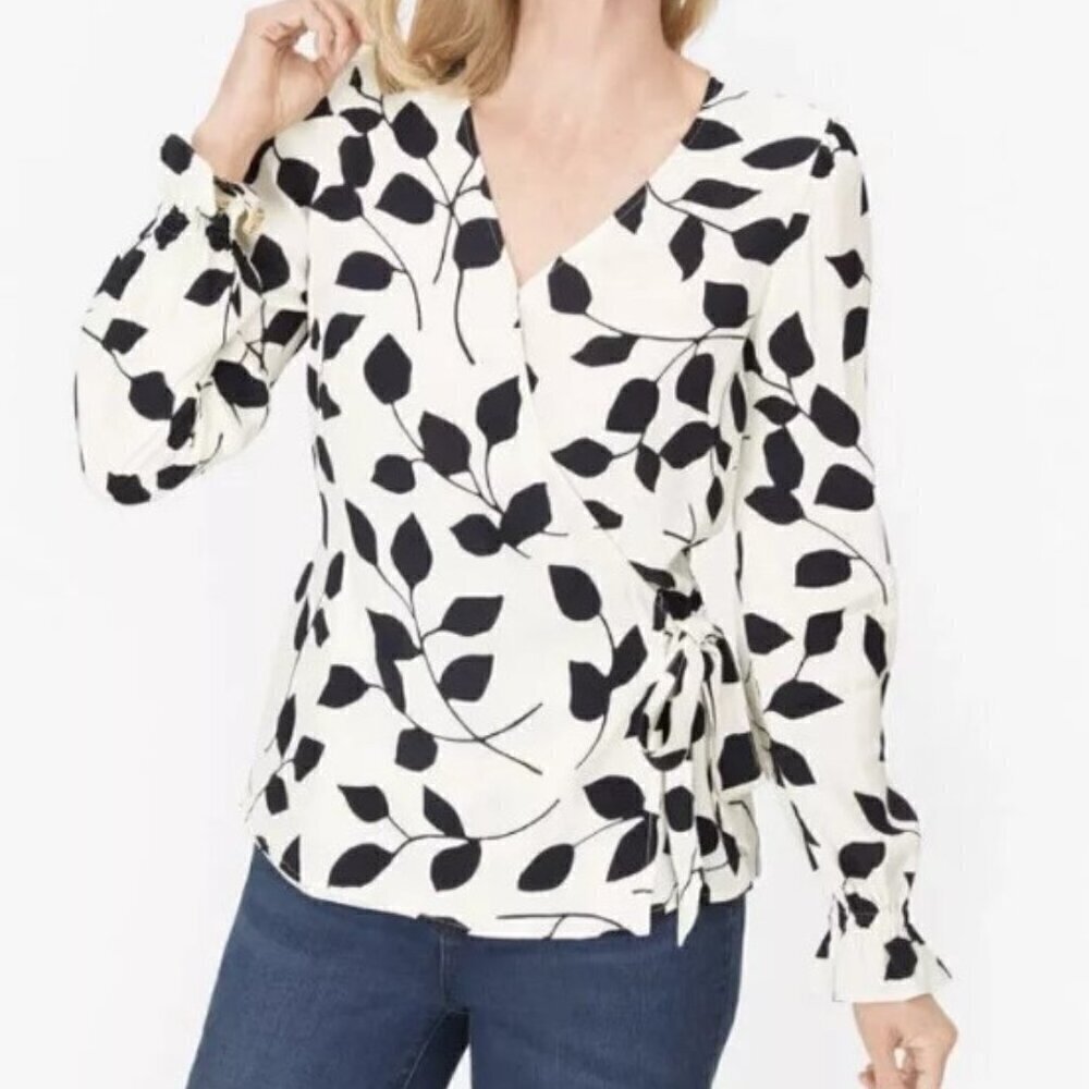 Talbots Feminine Crossbody Wrap Blouse Black & White Leaf Design, Size 1X